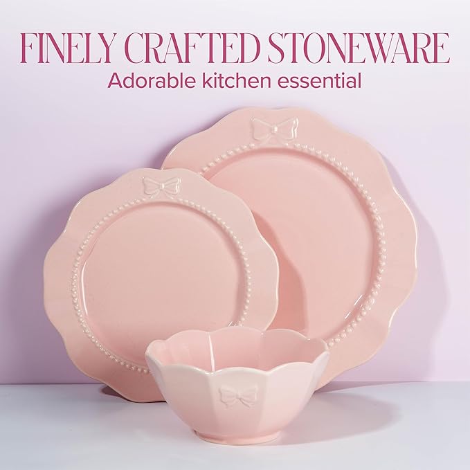 Paris Hilton 12-Piece Dinnerware Set Embossed Bow Design Iconic Ceramic Stoneware Service for 4 with Dinner Plates Salad Plates and Bowls Microwave &amp Dishwasher Safe Pink