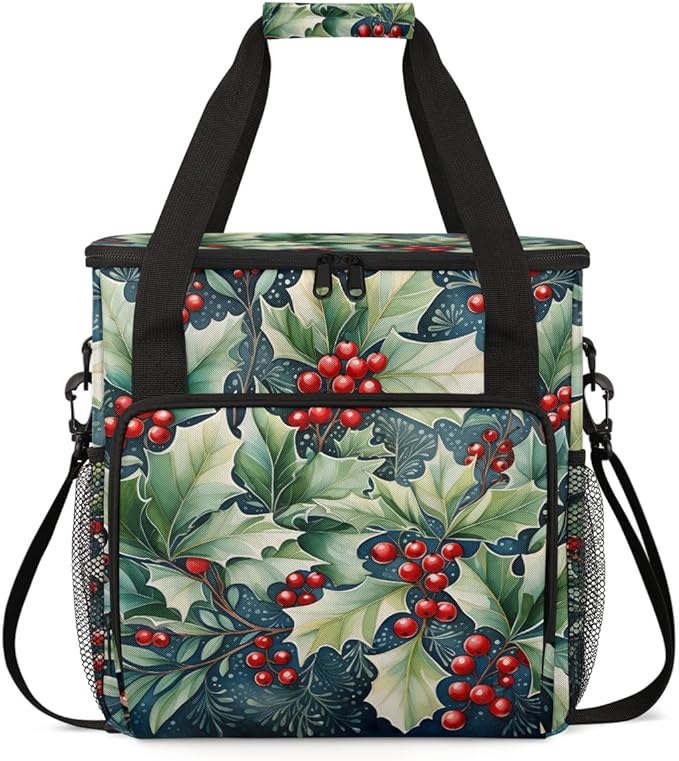 Holly Leaves Coffee Maker Carrying Bag Christmas Holly Travel Storage Bag Compatible with K-Mini or K-Mini Plus Single Serve Coffee Brewer Carrying Case with Multiple Pockets &amp Shoulder Strap