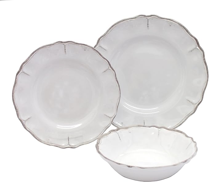 Le Cadeaux 12 Piece Luxury Melamine Dinnerware Set Service for 4 (Rustica Antiqua White)
