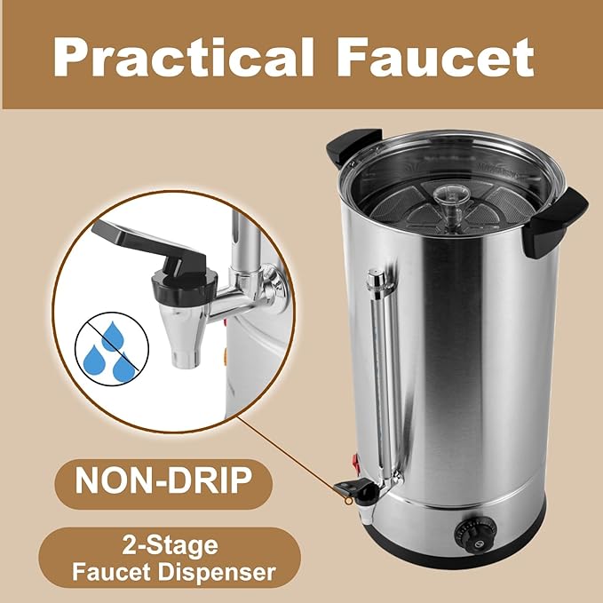 16L Coffee Maker Stainless Steel 100-Cup Large Commercial Coffee Machine Quick Brew 30-100℃ Double Wall Cafe Percolator Hot Water Urn for Catering Offices Church