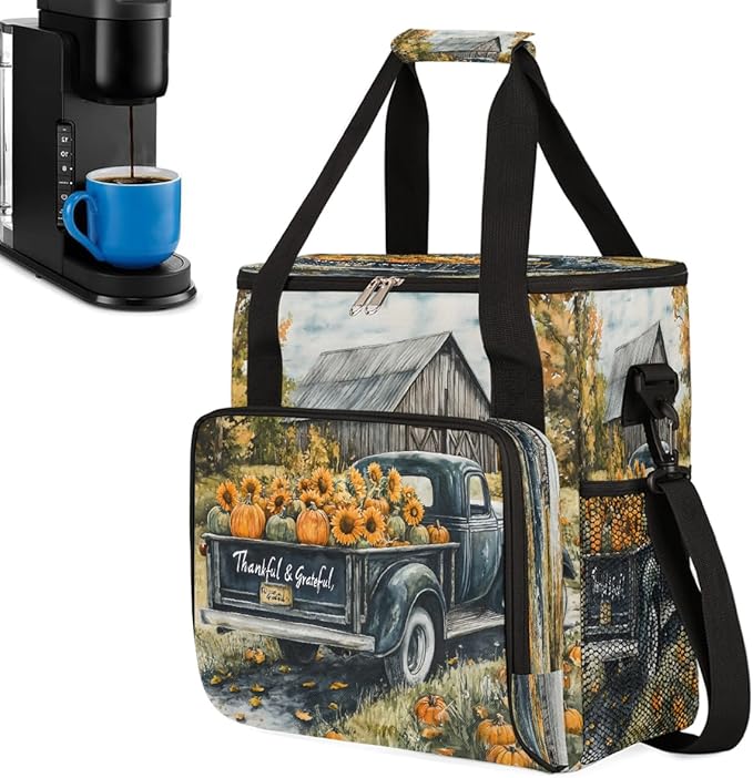 Wooden House Pumpkin Sunflower Truck Coffee Maker Carring Bag Travel Carrying Storage Tote Bag Compatible with Keurig K-Mini or K-Mini Plus Portable Single Serve Coffee Brewer Case with Pockets