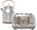 Haden Heritage 4 Slice Wide Slot Stainless Steel Toaster Bundled with 1.7 Liter Stainless Steel Electric Water Kettle Steel &amp Copper