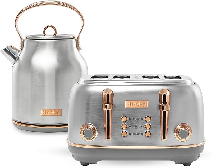 Haden Heritage 4 Slice Wide Slot Stainless Steel Toaster Bundled with 1.7 Liter Stainless Steel Electric Water Kettle Steel &amp Copper