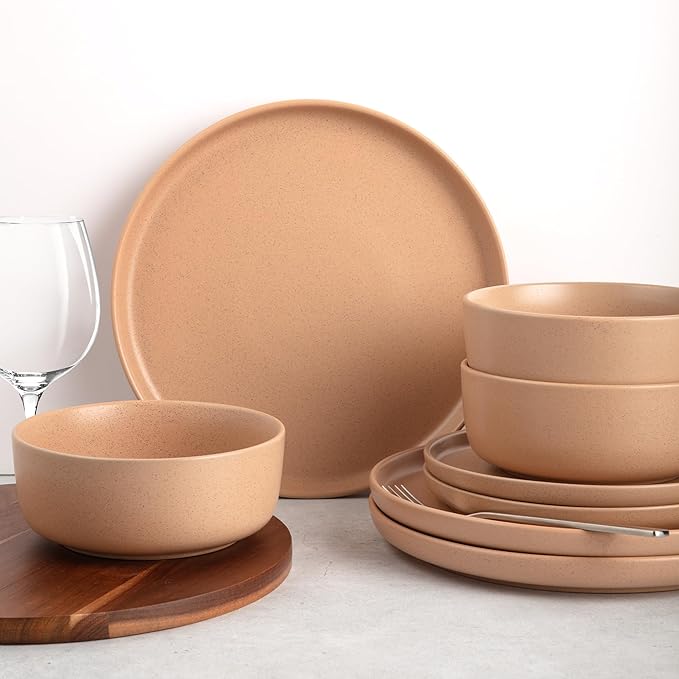 Zulay Kitchen Terra Stoneware Dinnerware Set Artisanal Ceramic Plates and Bowls Set Crafted at 2300℉ - Service for 4 Terracotta Clay