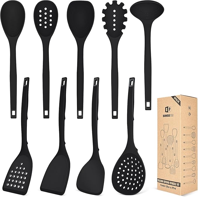 Silicone Cooking Utensils Set 9 Pcs Heat Resistant Kitchen Utensils with Back Hooks BPA Free Kitchen Tools with Spatulas Spoons Skimmer and Pasta Fork for Non Stick Cookware (BLACK)
