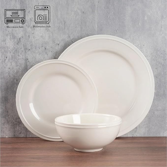 12-Piece White Stoneware Dinnerware Set Service for 4 Microwave &amp Dishwasher Safe Ceramic Plates and Bowls Set Durable Everyday Dishes for Home Kitchen