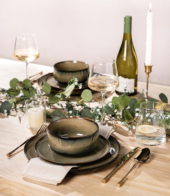 TheTerra Ceramic Dinnerware Sets for 4 12 Pieces Handmade Reactive Glaze Plates and Bowls Set Scratch Resistant Dish Set Oven &amp Microwave &amp Dishwasher Safe