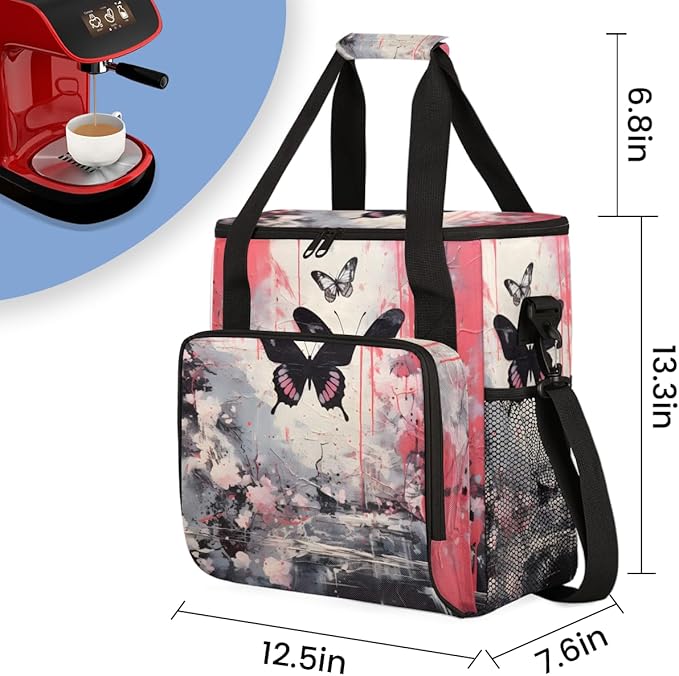 Flowers Butterfly Coffee Maker Carrying Bag Graffiti Butterfly Travel Storage Bag Compatible with K-Mini or K-Mini Plus Single Serve Coffee Brewer Carrying Case with Pockets &amp Shoulder Strap