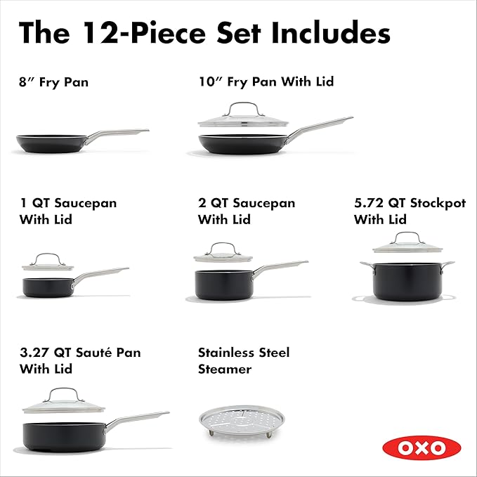 OXO Agility Series 12 Piece Cookware Pots and Pans Set Ceramic Nonstick PFAS-Free Induction SkilletsSaucepansLidsEven HeatingStainless Steel HandlesChip-Free RimsDishwasher &amp Oven SafeBl