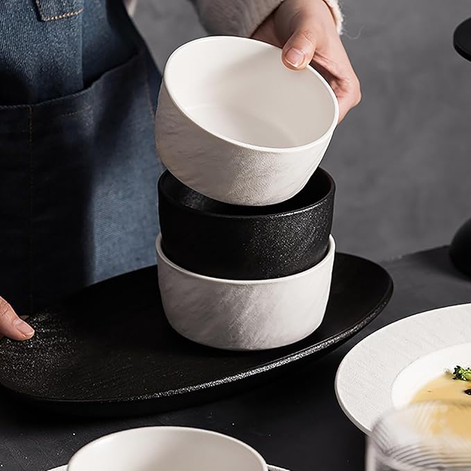 28/30 Pieces Dish Sets for 6 Black and White Serving Plates and Bowls Sets Frosted Texture Dinnerware Set Hard and Durability Scratch Resistant Dishware Set Dishwasher &amp Microwave &amp Oven Safe(