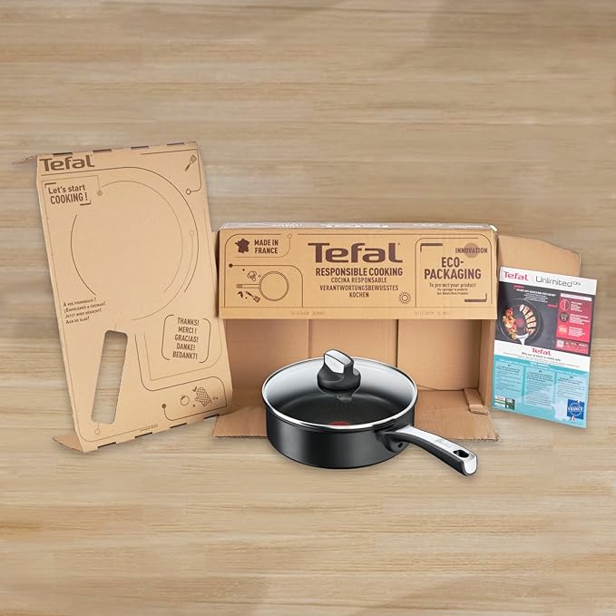 Tefal Unlimited On Premium Cookware 24 cm Saute Pan UK’s Longest Lasting Non-stick Frying Pan Heat Indicator Induction Hob Compatible Dishwasher Safe Aluminium black G25932AZ
