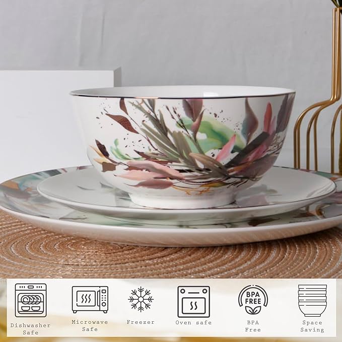 Pink &amp Gold Plates and Bowls Sets Dishes Set for 4 Ceramic Plates and Bowls Set Service for 4 Bone China Dinnerware Set Salad Dessert Plates and Cereal Bowls Set Microwave safe by KOKEN