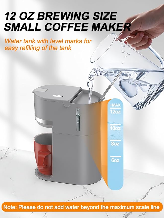 Single Serve Coffee Maker for K-Cup and Ground Coffee Fast Brew 6-12 oz Brew Sizes One Cup Coffee Machine Fits 5.5 Mugs One-Button Small Coffee Maker with Descaling ReminderGrey