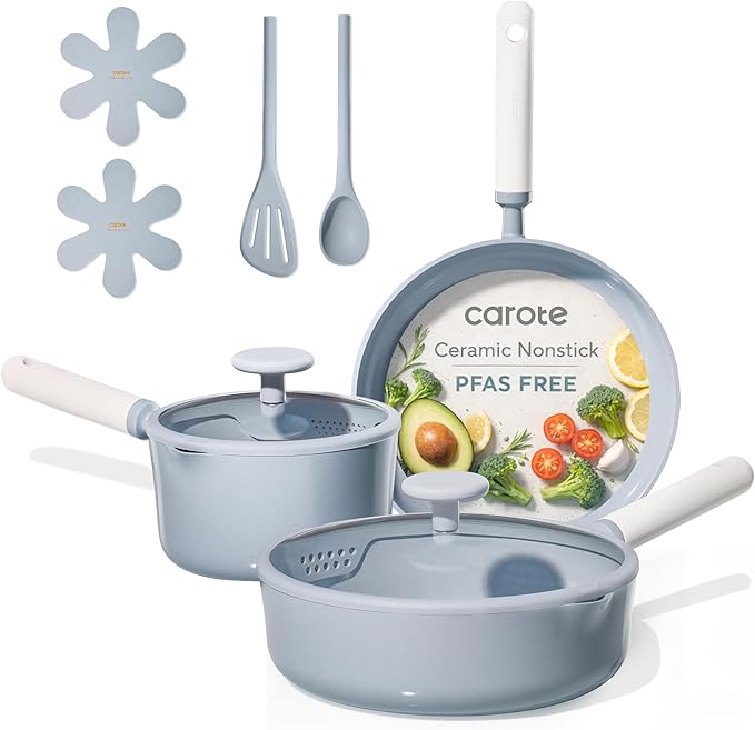 CAROTE Ceramic Cookware Set Nonstick 9pcs Pots and Pans Set Non stick Non-Toxic &amp PFAS-FreeDishwasher RV/Camping Cookware SetSauce Pan with Lid Blue