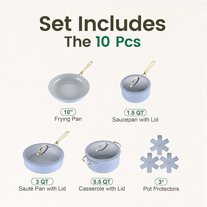 Chef Power Ceramic Cookware Sets 10Pcs Pots and Pans Set Non Stick Cookware Set with Stainless Steel Handle Dishwasher &amp Oven Safe Blue Gray and Granite Grey