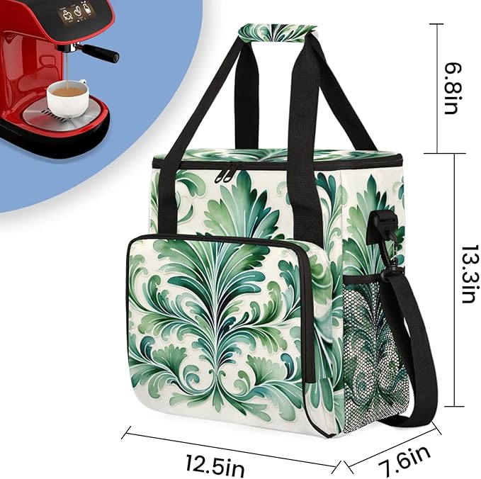 Green Floral Print Coffee Maker Travel Bag for Keurig K-Mini/K-Mini Plus Insulated Waterproof Tote with Pockets for K-Cup Portable Single-Serve Brewer Case