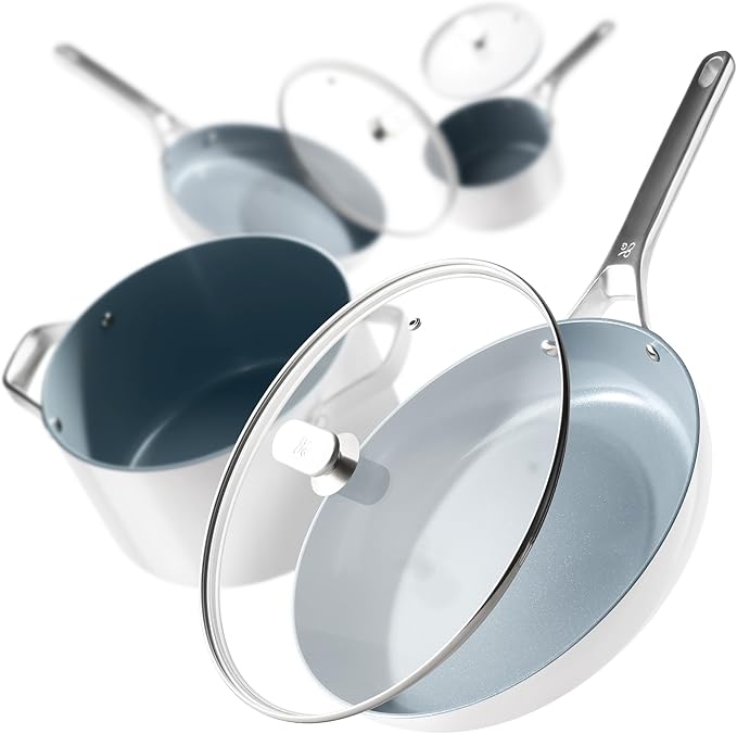 Greater Goods Savvy Ceramic Nonstick Cookware Set (10pc) and Chef Knife (Stainless Steel) Birch White Bundle