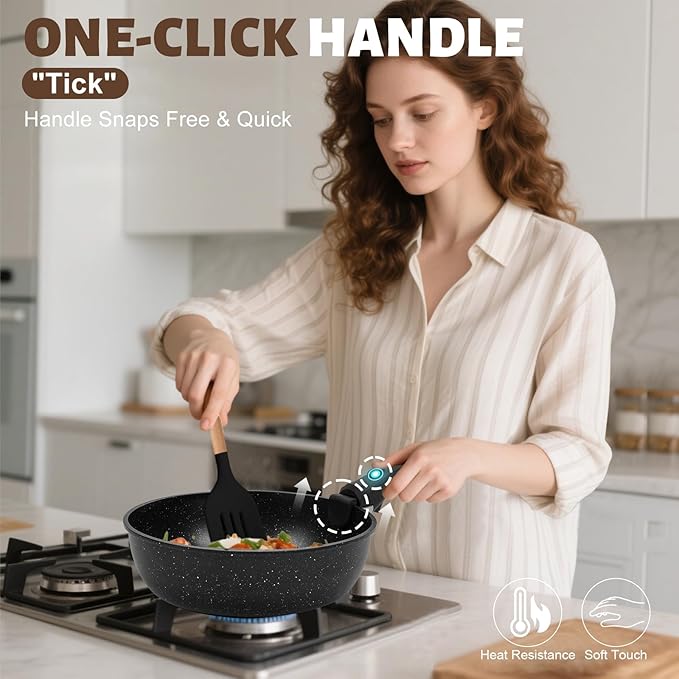 Numola 10 pcs Pots and Pan Set Non Stick with Detachable Handle Ceramic Cookware Set for Stackable Induction Kitchen Cookware Set for RV Dishwasher ＆ Oven Safe Black