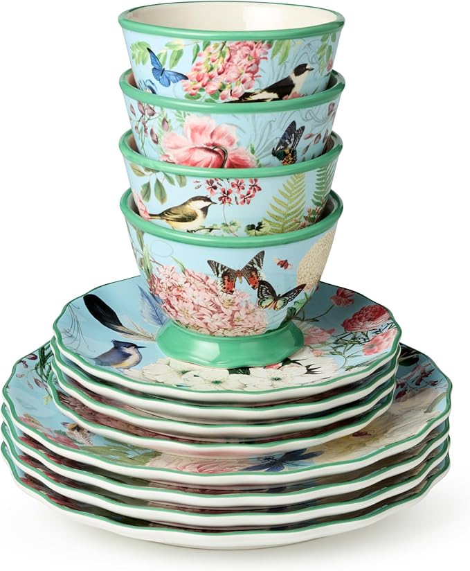 Flora 16-Piece Dinnerware Set Service for 4 – Includes Dinner Plates Dessert Plates Pedestal Mugs and Pedestal Ice Cream Bowls with Vibrant Nature-Inspired Floral Designs