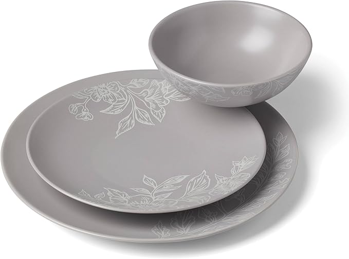 Oneida 897506 Roseto 12-Piece Dinnerware Set Pumice Grey