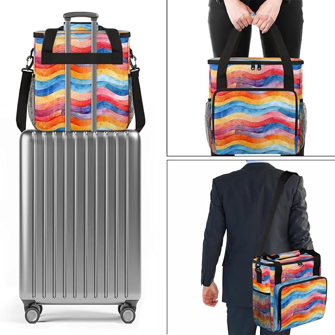 Wavy Striped Coffee Maker Travel Bag for Keurig K-Mini/K-Mini Plus Insulated Waterproof Tote with Pockets for K-Cup Portable Single-Serve Brewer Case
