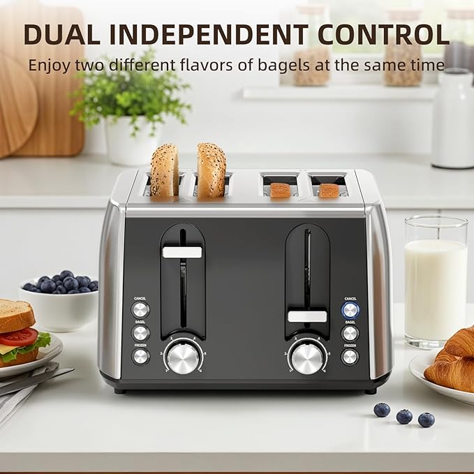 4 Slice Toaster 6 Browning Settings Removable Crumb Tray Stainless Steel Bread Toaster for Bagels Muffins Waffles Defrost Cancel Button 120V 1800W