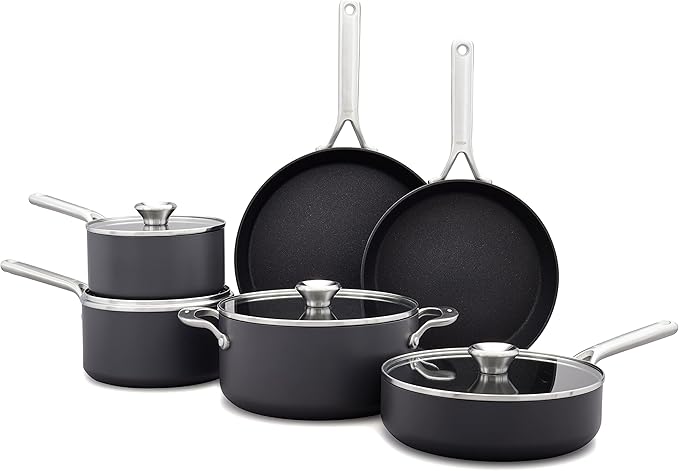 OXO Hard Anodized PFAS-Free 10 Piece Cookware Pots and Pans Set Induction Diamond reinforced Coating Oven Safe Black &amp Hard Anodized PFAS-Free 1.7QT and 2.3QT Saucepan Pot Set with Lids Bla