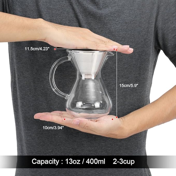 Hakeeta 400ml Coffee Maker Pour-Over Glass Coffeemaker with Stainless Steel Permanent Filter. Manual Coffee Dripper Brewer