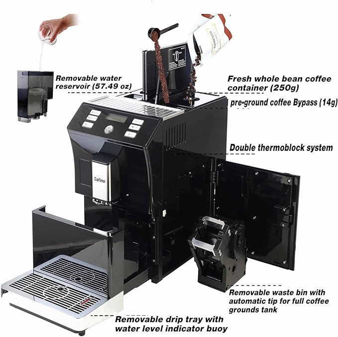 Full Automatic Espresso Machine Coffee Maker with LCD Display for Espresso Americano Long Coffee and Hot Water 4 Coffee Varieties Built in Grinder Stainless Steel Black