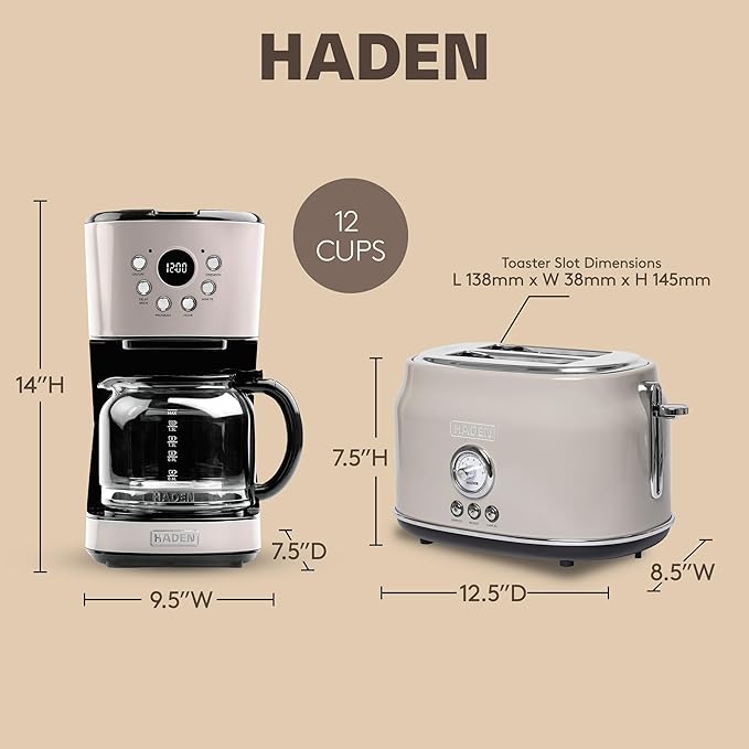 Haden 12 Cup Programmable Drip Coffee Maker Coffee Machine Bundled with Dorset 2 Slice Wide Slot Stainless Steel Toaster Putty &amp Chrome
