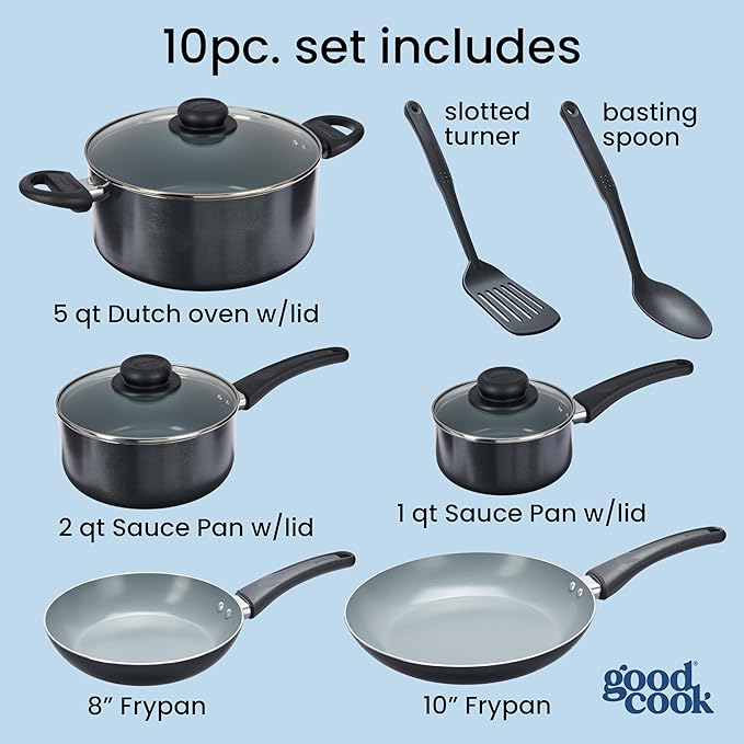 GoodCook Everyday Ceramic Nonstick Cookware Set Includes 8 &amp 10-Inch Fry Pans 1 &amp 2-Quart Covered Sauce Pans 4.7-Quart Covered Dutch Oven Turner and Basting Spoon 10-Piece Black