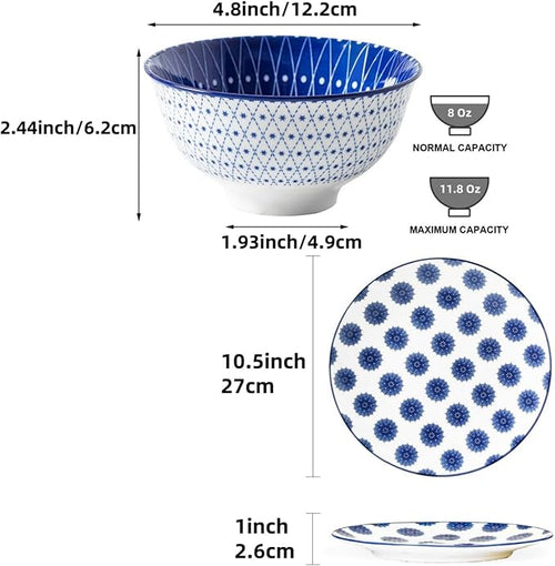12 Pcs Ceramic Dinnerware - 12 OZ Dessert Bowls and 10.5 IN Dinner Plates Set - Service for 6 - Vintage Blue