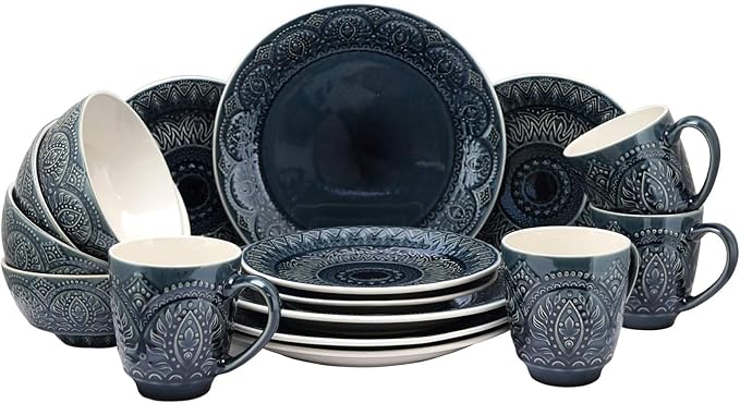 Unknown1 16 Piece Stoneware Dinnerware Set Blue Textured Casual Round Microwave Safe Medium
