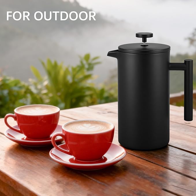 French Press Coffee Maker 304 Grade Stainless Steel French Press with 2 Extra Filters for Home Office Travel Camping - 34OZ/2 Litre (Black)