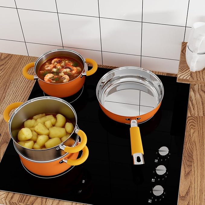 Pots and Pans Set Stainless Steel Orange Cookware Set of 6 4 3 QT Steamer Pot Frying Pan Compatible with All Stovetops Gift for Kitchen Decor