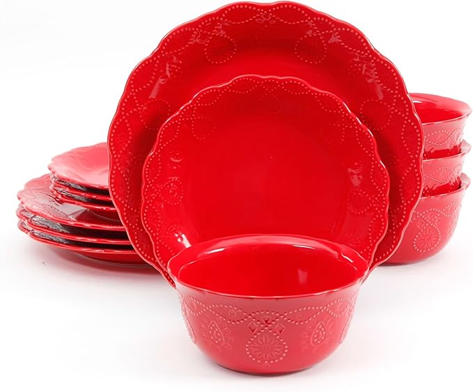 Cowgirl Lace 12-Piece Dinnerware Set – Service for 4 Durable Stoneware Scalloped Edges Dishwasher &amp Microwave Safe (Red)
