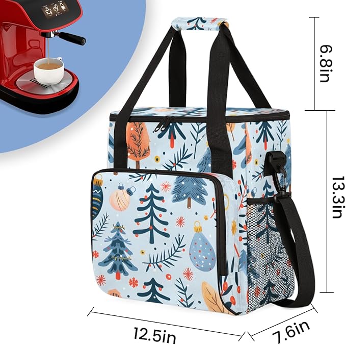 Christmas Festivals Coffee Maker Carrying Bag Cartoon Tree Travel Storage Bag Compatible with K-Mini or K-Mini Plus Single Serve Coffee Brewer Carrying Case with Multiple Pockets &amp Shoulder Stra
