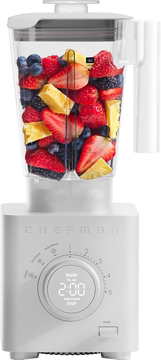 Chefman Obliterator 48 oz Countertop Blender for Smoothies 1380W Motor to Crush Ice Nuts and Frozen Fruit with Stainless Steel Blade Auto Blend Function Includes Tamper and Scraper