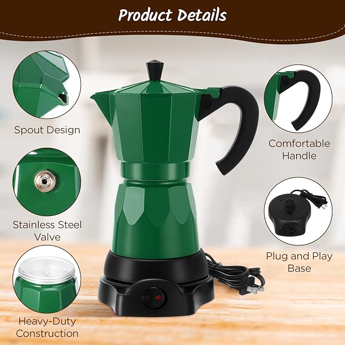 Coffee Pot 6 Cup Electric Espresso Coffee Maker Italian Moka Maker 300ml Portable Aluminum Espresso Machine Cafetera Moka Pot with Detachable Base Gift for Home Travel(Dark Green)