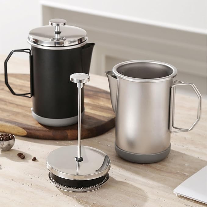 Yosoo Stainless Steel French Press Coffee Maker Portable Hand Brewed Coffee Press Teapot 1000ml Capacity Lightweight for Camping Travel Office Use (Black)