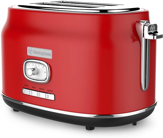 Westinghouse Retro 2-Slice Toaster Stainless Steel Extra Wide Slots with High Lift Lever 4 Easy Functions Removal Crumb Tray 6 Levels of Toasting (Red)