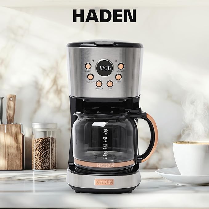 Haden Coffee Machine 12 Cup Programmable Drip Coffee Maker with Auto Shut-Off Function and Reusable Washable Water Filter Steel &amp Copper
