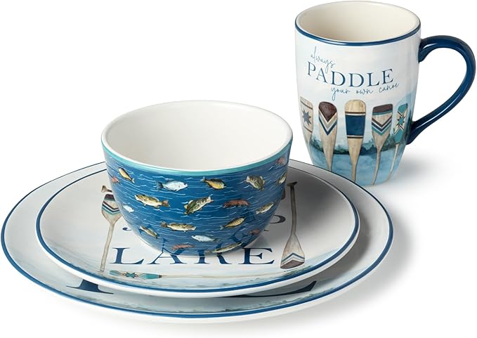 Wake at the Lake 16-Piece Dinnerware Set Includes 11-Inch Dinner Plates 9-Inch Salad Plates 14-Oz Mugs &amp 24-Oz Bowls Durable Ceramic Dishwasher &amp Microwave Safe Lakeside-Inspired Design