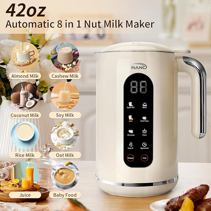 HANC 42oz Nut Milk Maker Machine 8 in 1 Silent Automatic Soy Milk Maker Homemade Soy Milk Oat Puree Almond Milk Maker with Delay Start/Keep Cream Warm/Boil Water/Self-Cleaning Cream