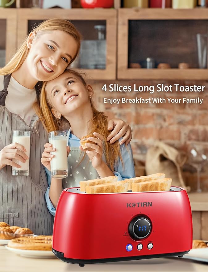 Toaster 4 SliceKOTIAN Retro Long Slot Toasters with Countdown TimerStainless Steel ToasterBagelDefrostReheatCancel FunctionsExtra Wide Slots6 Toast SettingsRemovable Crumbs TrayRed