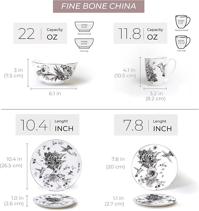 Botanic Plates and Bowls Sets Dishes Set for 4 Ceramic Plates and Bowls Set Service for 4 Bone China Dinnerware Set Salad Dessert Plates and Cereal Bowls Set Microwave safe by KOKEN