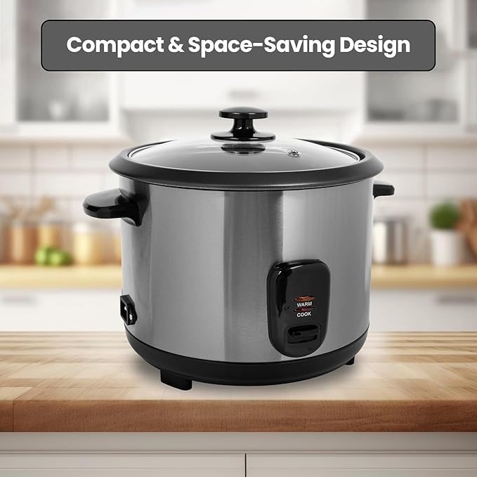 THEGA Electric Rice Cooker and Steamer with Automatic Cooking Removable Non Stick Bowl Stainless Steel Tempered Glass Lid with Steel Vent 700W Cook Warm Function Healthy Rice Cooking(2L)