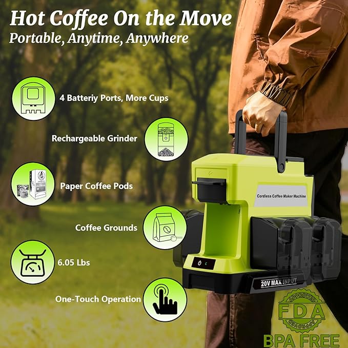 Cordless Coffee Maker for Ryobi 18V Battery 3 Brewing Options Drip Coffee Maker with Coffee Grinder Portable Single Serve Coffee Makers for Camping Travel and Jobsite. (Tool Only)