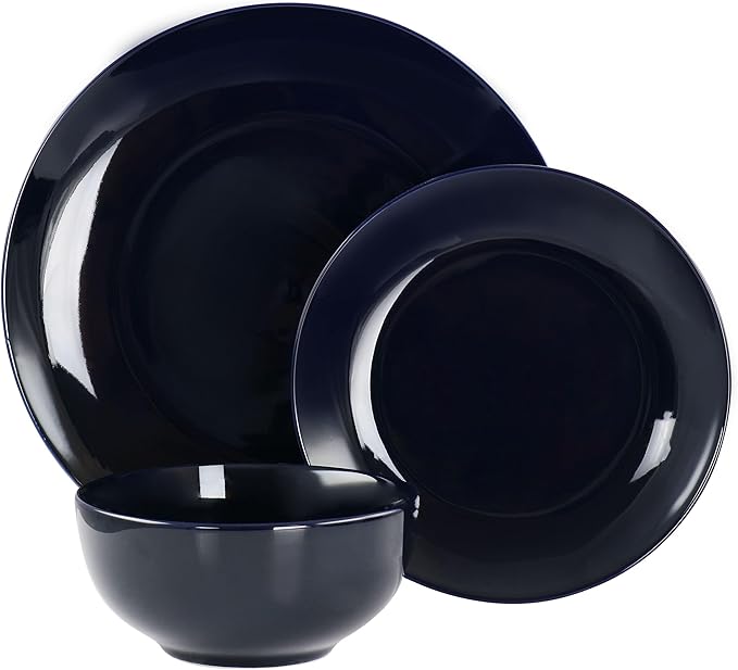 18 Piece Porcelain Dinnerware Set in Dark Blue Solid Casual Round Dishwasher Safe