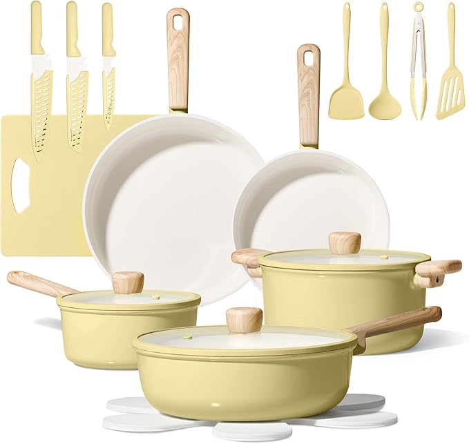 CAROTE 24pcs Ceramic Cookware Set Pots and Pans Non Stick Kitchen Cookware Sets Pots and Pans Set Cooking Set with Knife Set